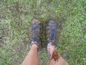 Muddy sandals after climbing Nevis Peak