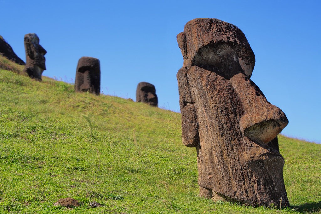 A head of one of the statues pertrudes from the ground on Easter Island