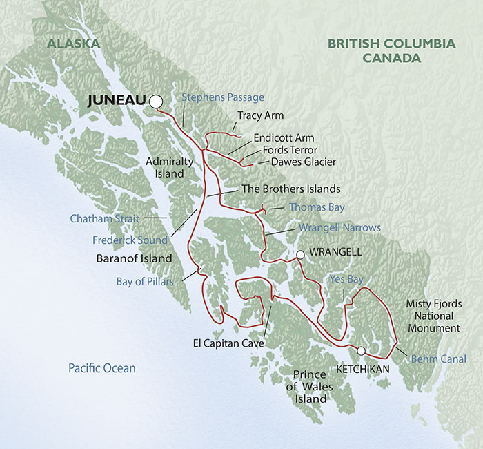 Map of an adventure cruise to Alaska