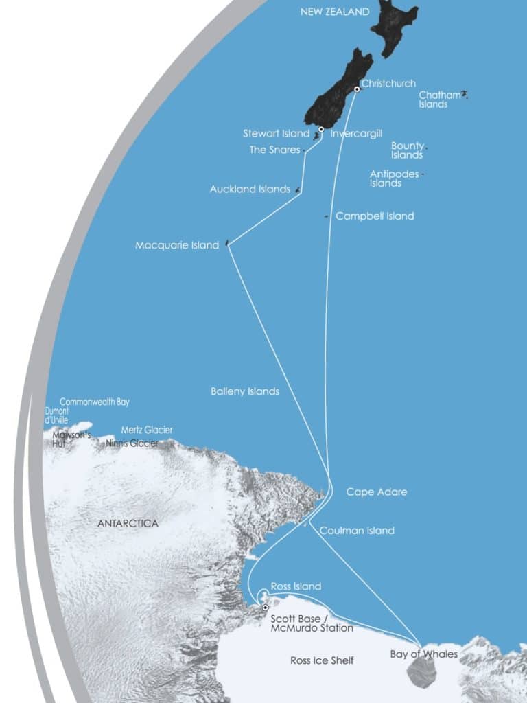 Map of an adventure cruise to Antarctica