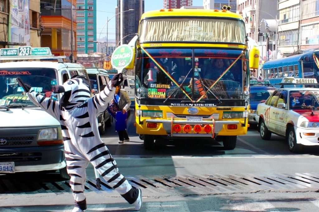 Zebras (or rather people dressed as zebras) wander the streets of La Paz