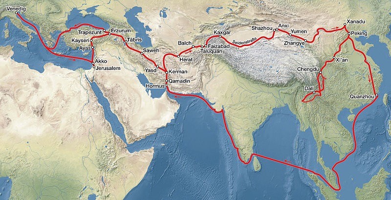 A map of Marco Polo's epic journeys of discovery