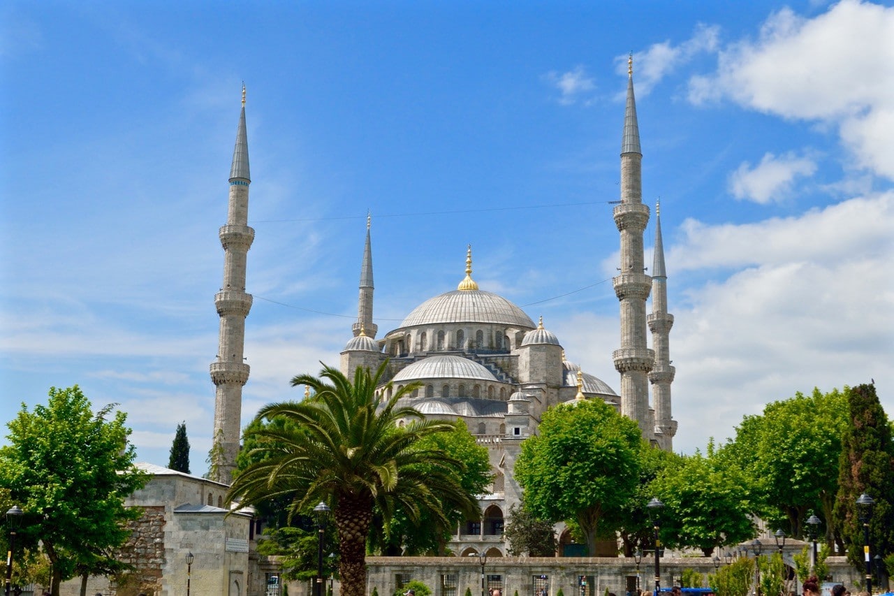The minarets of the Blue Mosque during the day