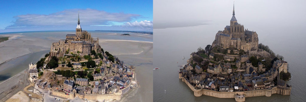 Mont Saint-Michel at normal tide versus supertide