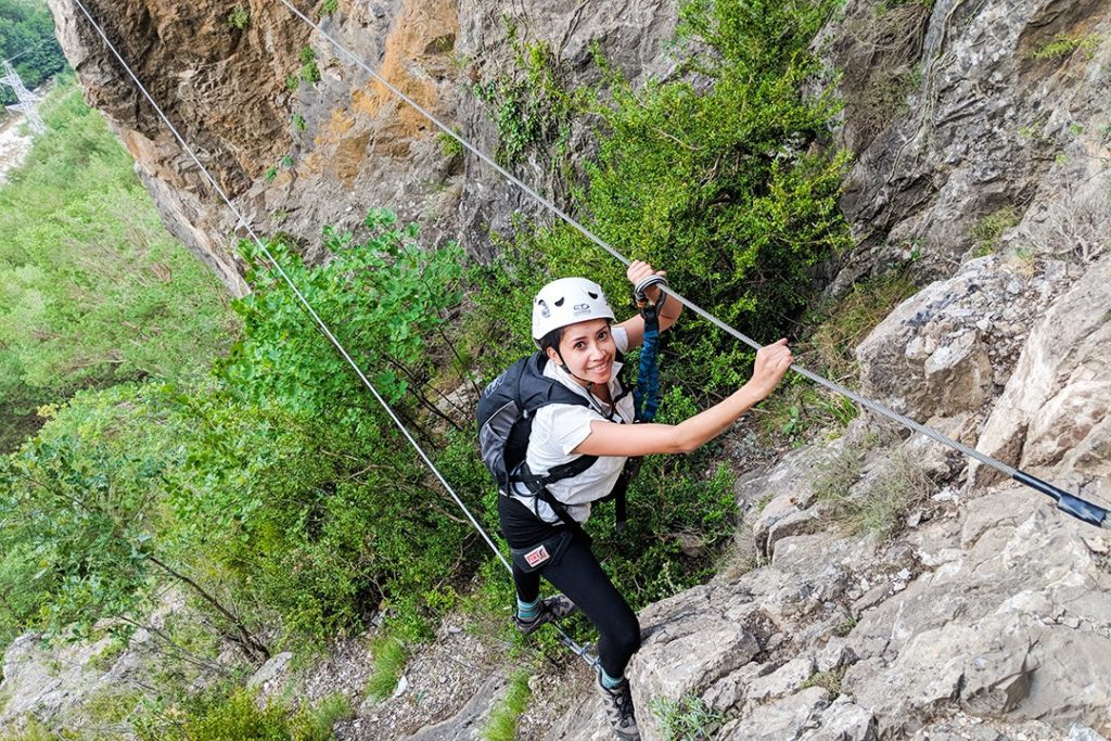 Crossing a Nepalese bridge on our via ferrata in the Catalan Pyrenees