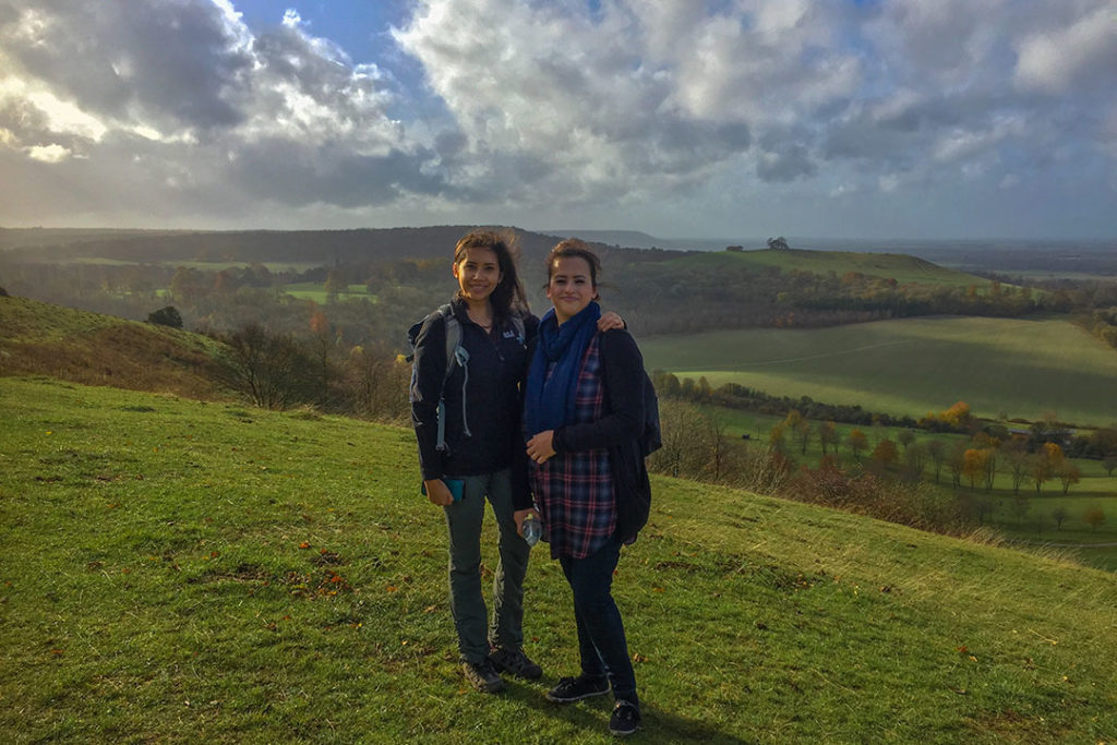 Forida and Kia on Coombe Hill in the Chiltern Hills travelling with hearing loss