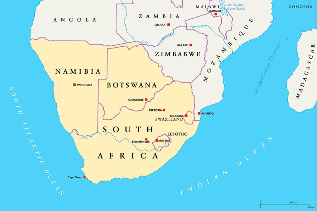 Map of southern Africa showing Eswatini's location