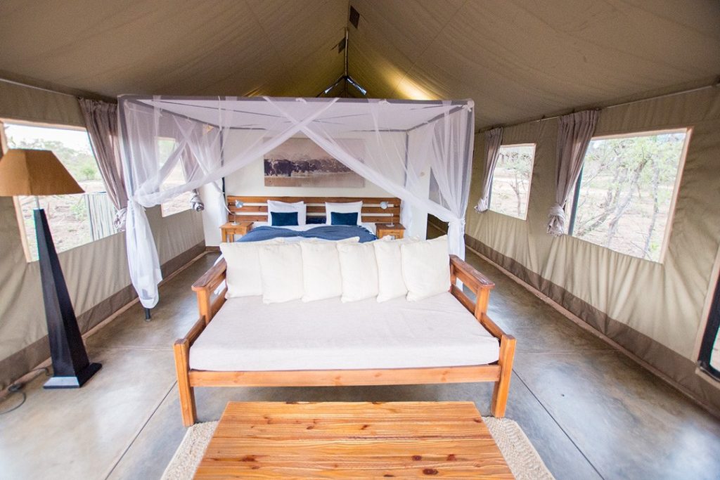 Interior of a tent at Manyeleti Game Reserve