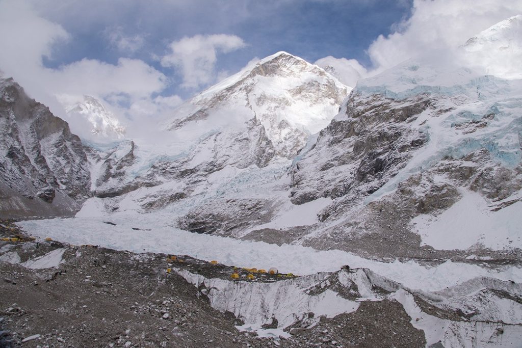 Everest base camp scene at the end of the Everest base camp trek