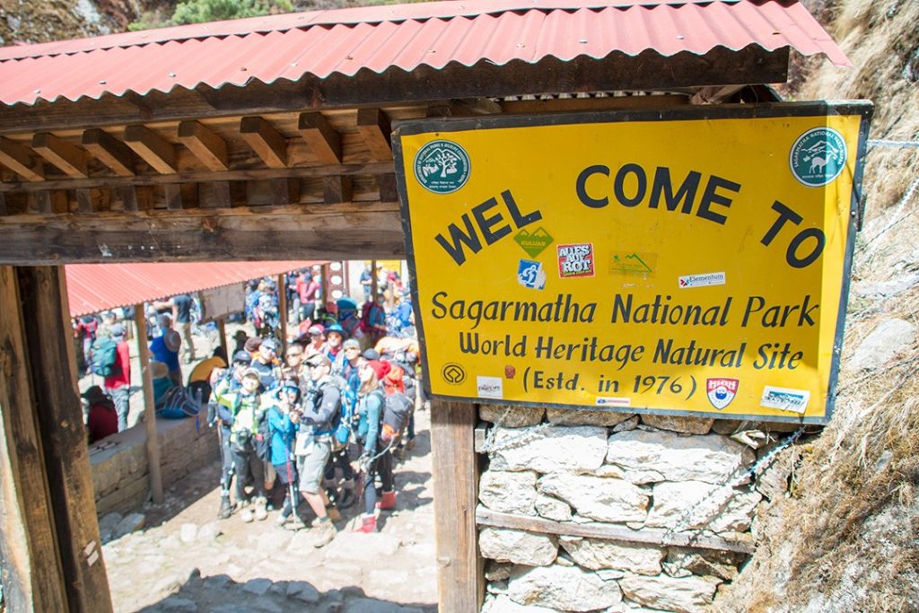 Sagarmāthā National Park sign along the Everest base camp trek