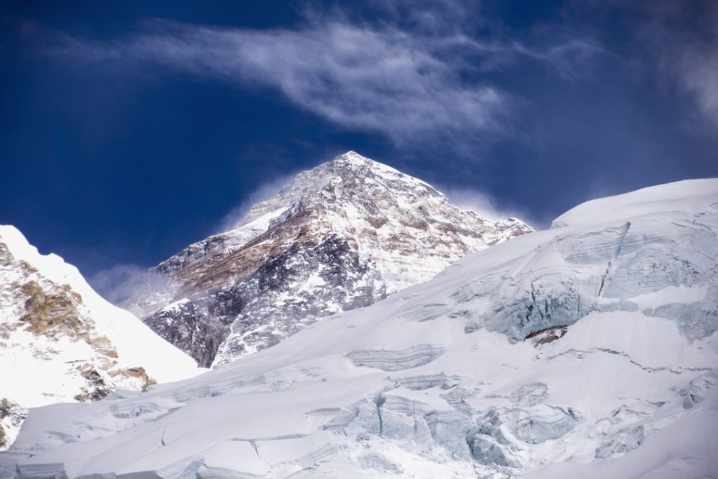 The summit of Mount Everest seen from base camp