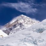 The summit of Mount Everest seen from base camp