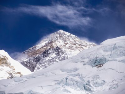 The summit of Mount Everest seen from base camp