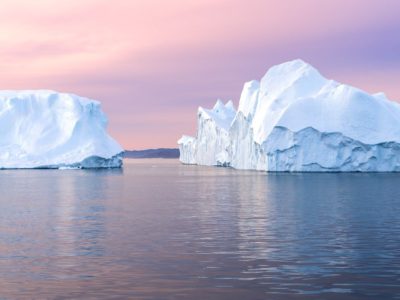 Icebergs at midnight in Ilulissat Icefjord