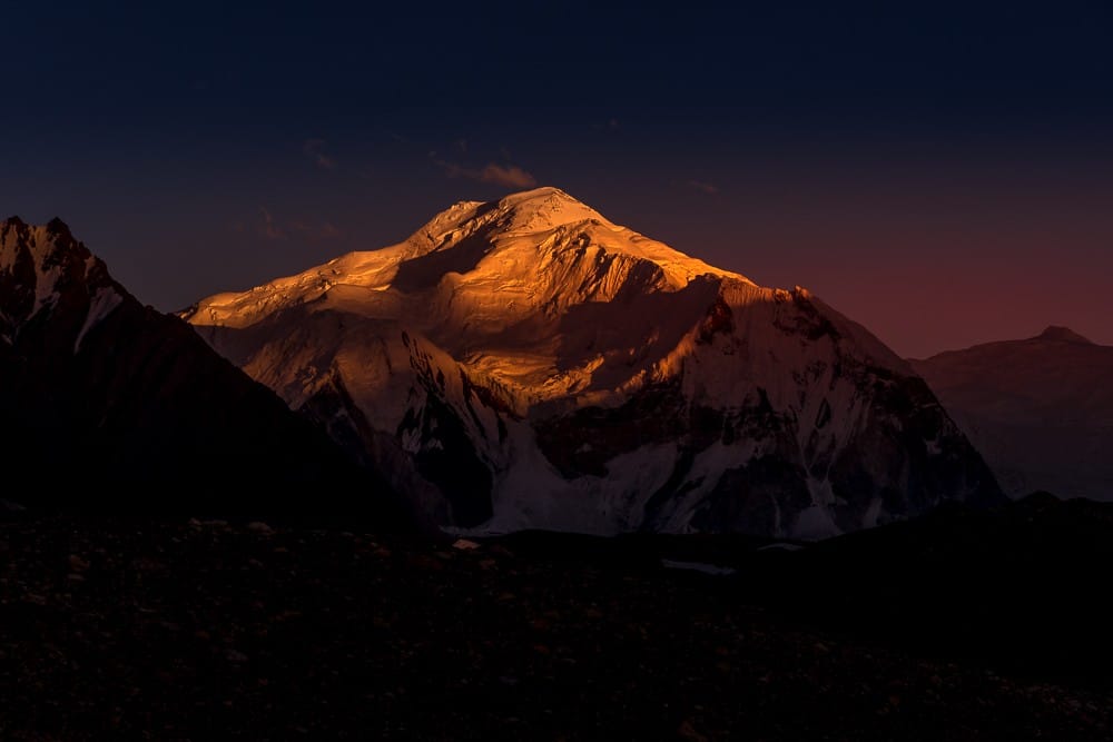 Baltoro Kangri glows in the evening light of the Pakistani Karakoram