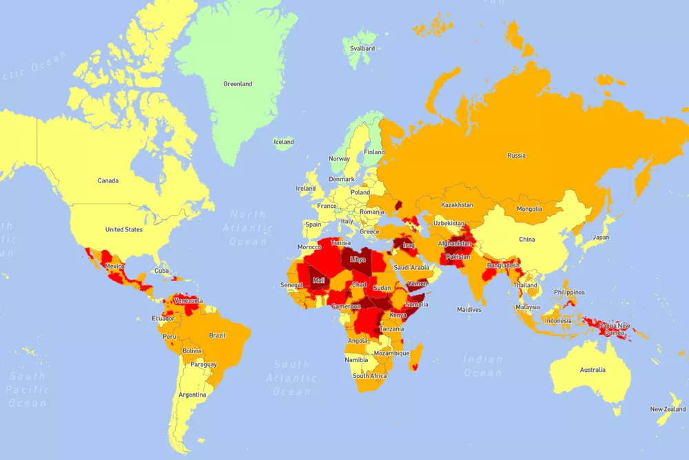 map of the Most dangerous countries in the world 2021