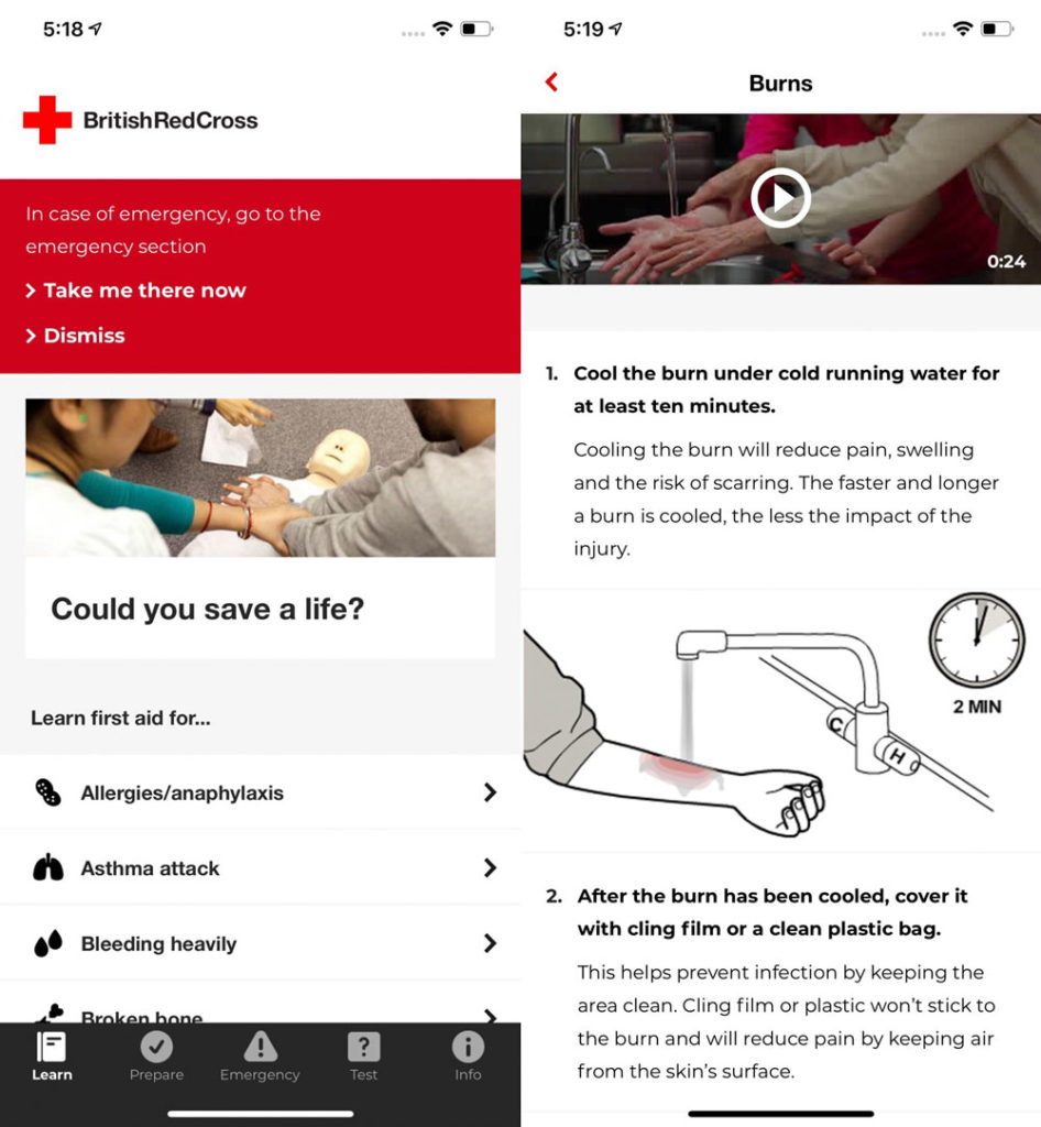 screenshots of the British Red Cross First Aid app