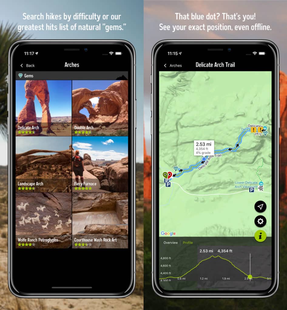 screenshots of  rei's hiking app