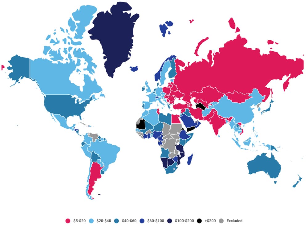 map of The countries with the cheapest internet in the world