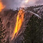 Horsetail Falls illuminated by the setting sun