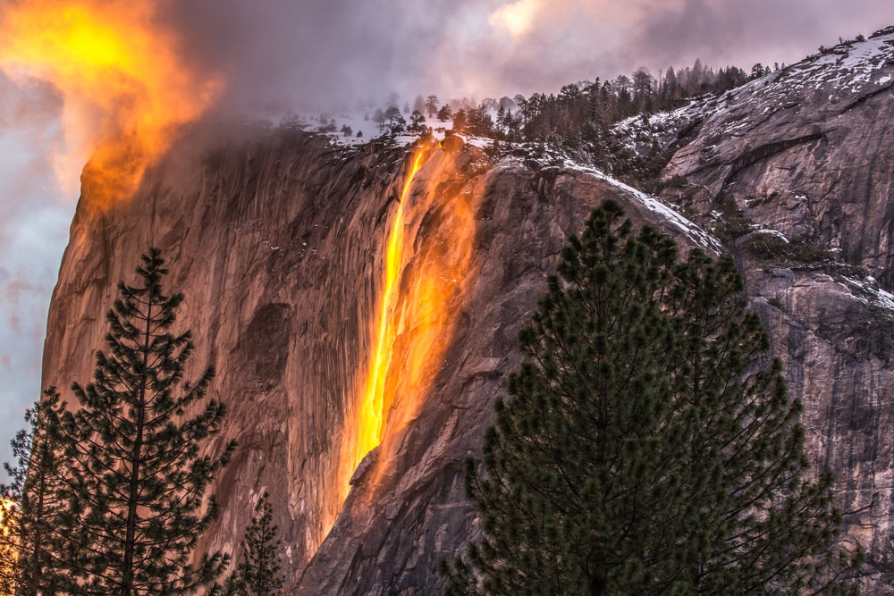 Horsetail Falls illuminated by the setting sun