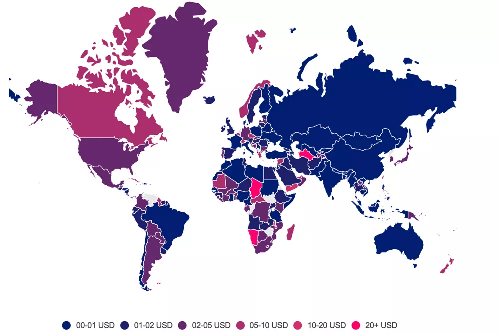 a map of the countries with the cheapest mobile data 