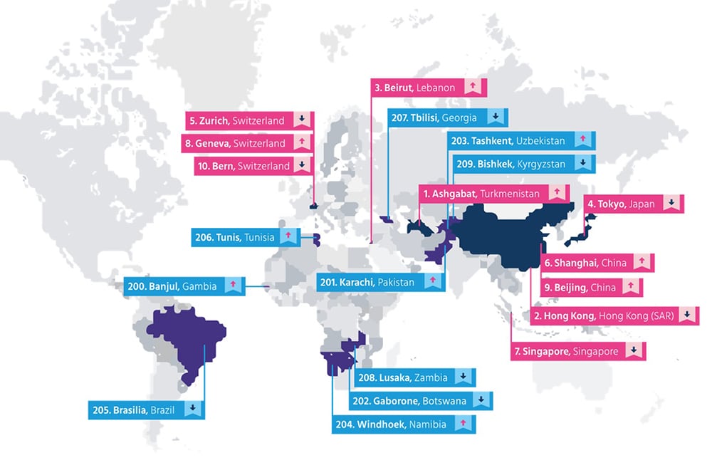 Map of the least and most expensive cities