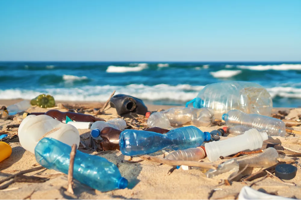 plastic waste on a beach – cutting plastic is part of our climate pledge