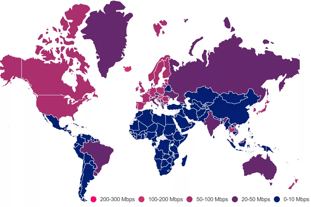 A map of the countries with the fastest internet in the world
