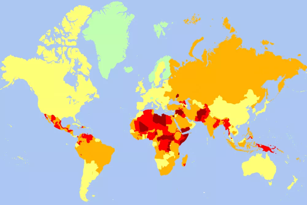 a colour coded map of the most dangerous countries in the world to visit