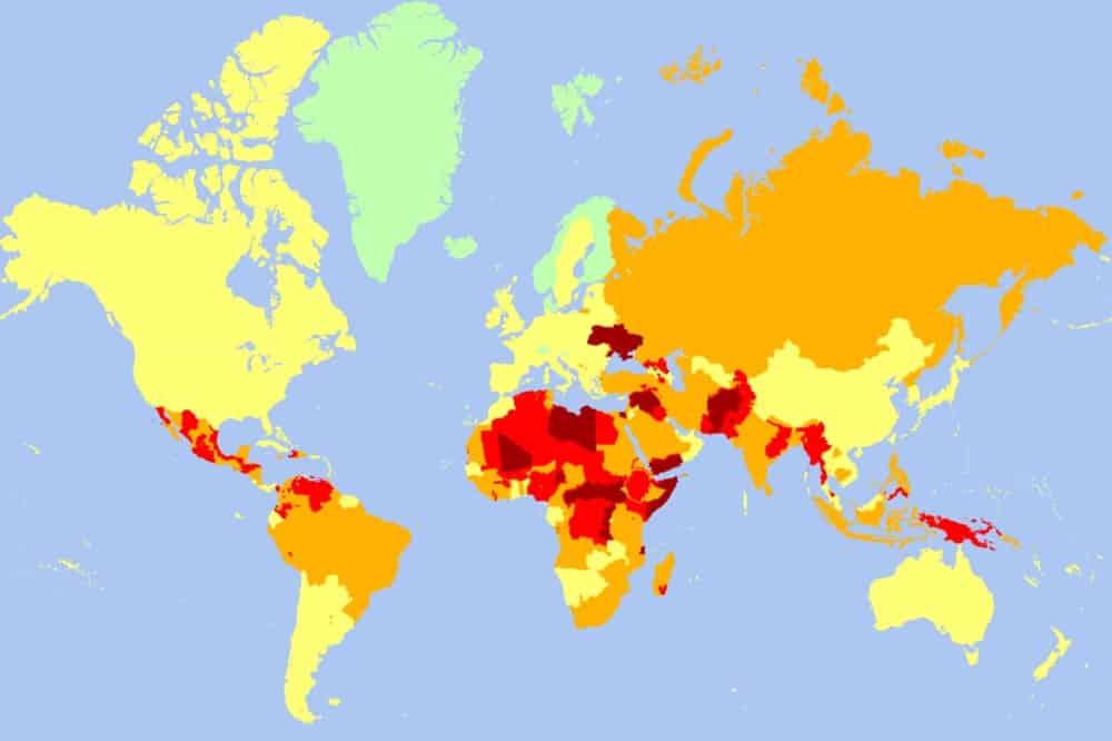 a colour coded map of the most dangerous countries in the world to visit