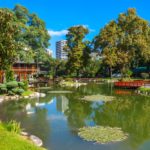 A carp pond with bridges and Japanese ornaments