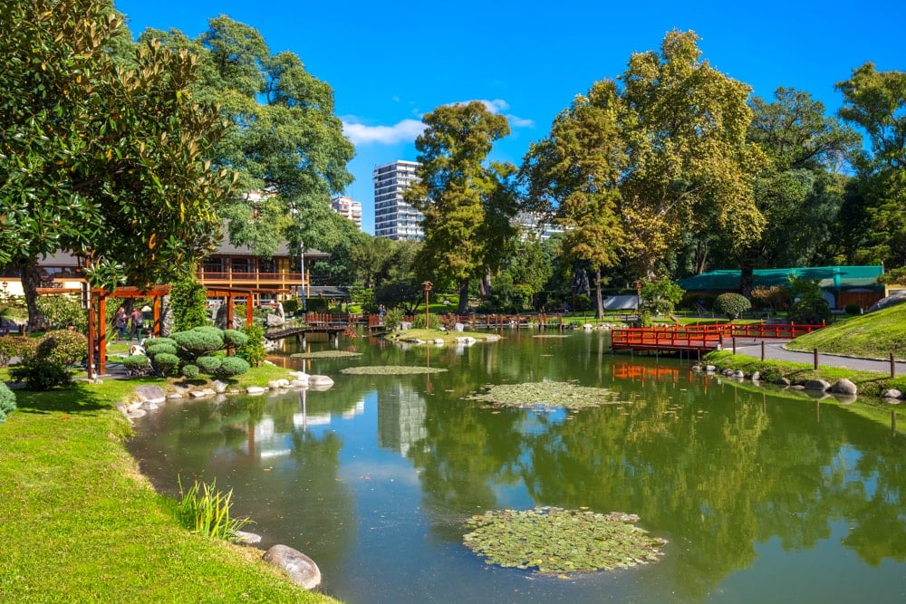 A carp pond with bridges and Japanese ornaments