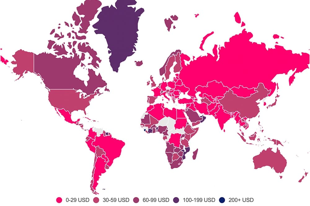 A map of the countries with the cheapest internet in the world