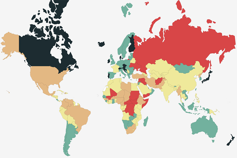 A map of the safest countries in the world