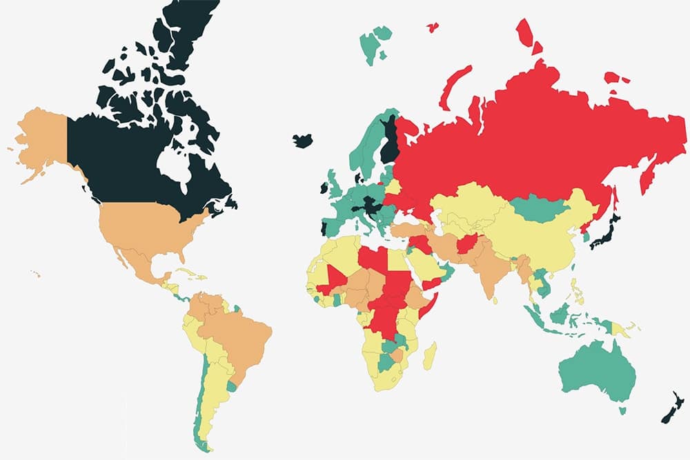 map of the most peaceful countries in the world 2021