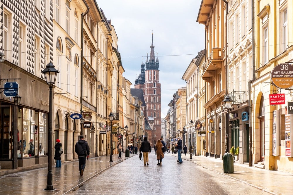 Looking along Floriańska Street to St Mary's Basilica in the Kraków Old Town