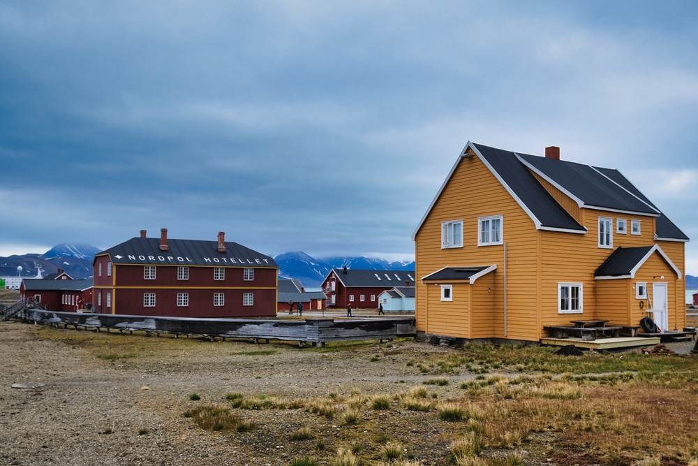 Colourful house in Ny Alesund in the midnight sun