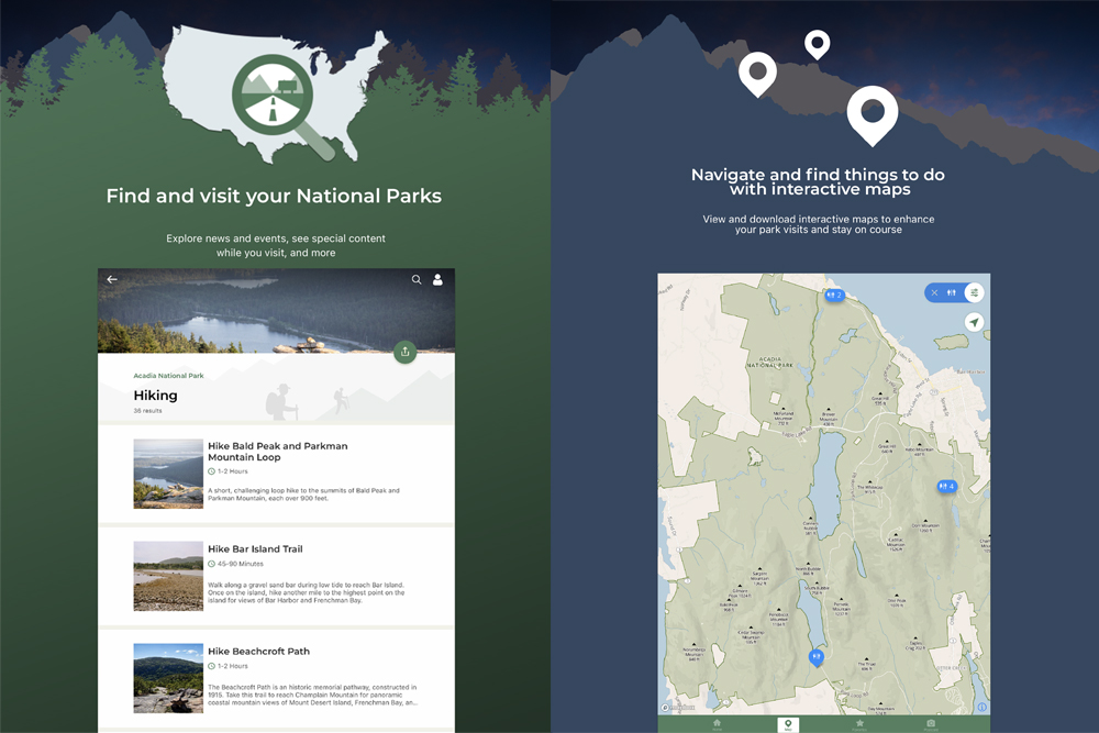 Screenshots from the official NPS app
