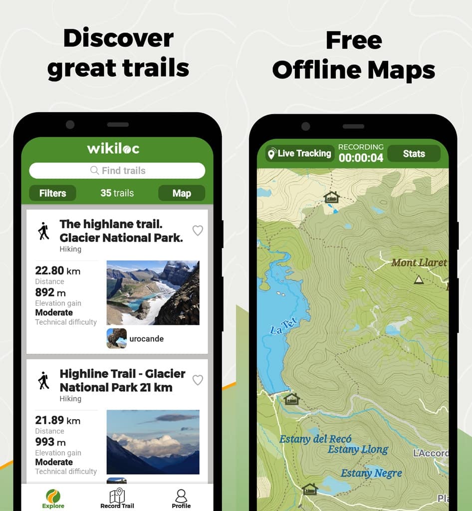 screenshots of the Wikiloc hiking app