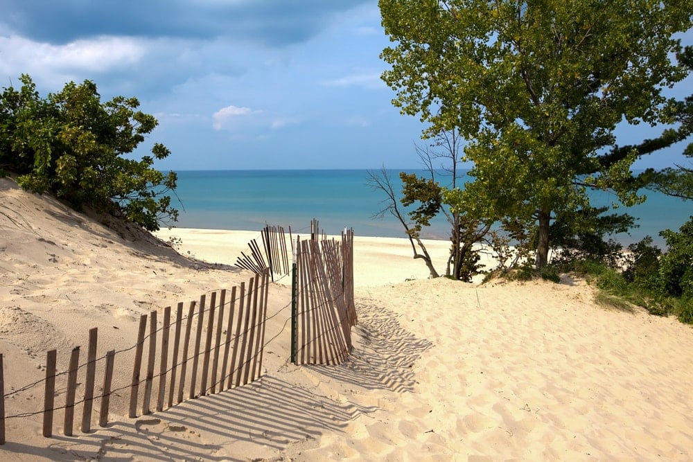 Approaching a beach along a fence in Indiana Dunes