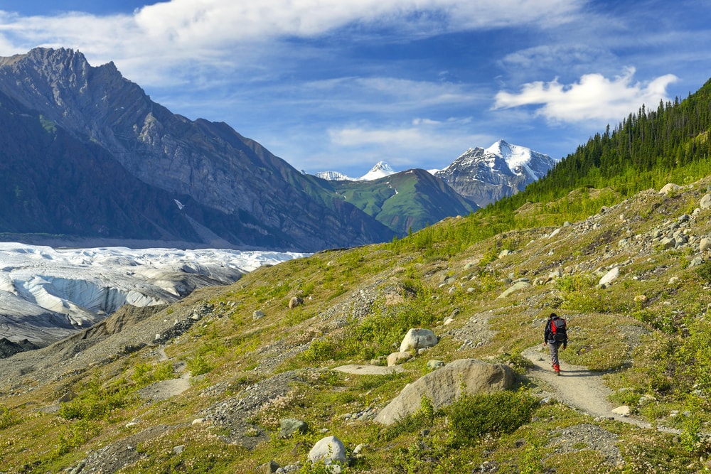 A hiker on the Root Glacier Trail in Wrangell-St.Elias
