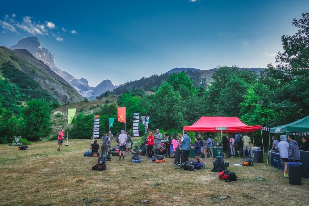 Hikers gathering at the start line of the Highlander Svaneti