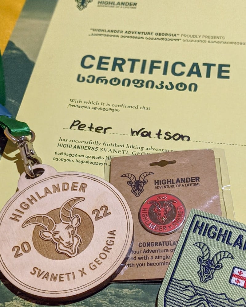 Peter's  Highlander Georgia certificate and medal