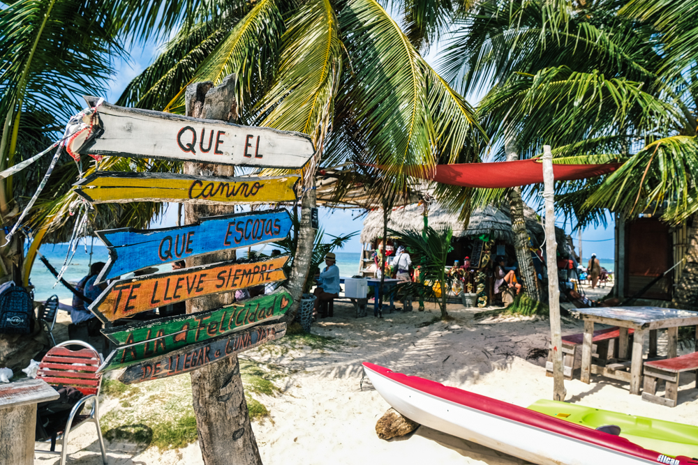 Wooden signs on Isla Pelícano in the San Blas Islands