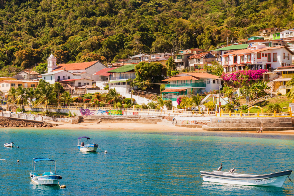 Taboga Island showing its village, beach and flowers