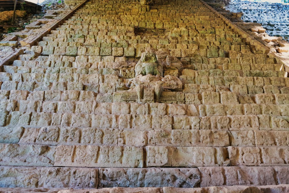A close up of the Hieroglyphic Stairway at Copán
