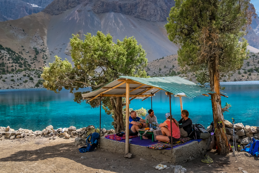 Sitting on our covered tea bed in the Fann Mountains, Tajikistan