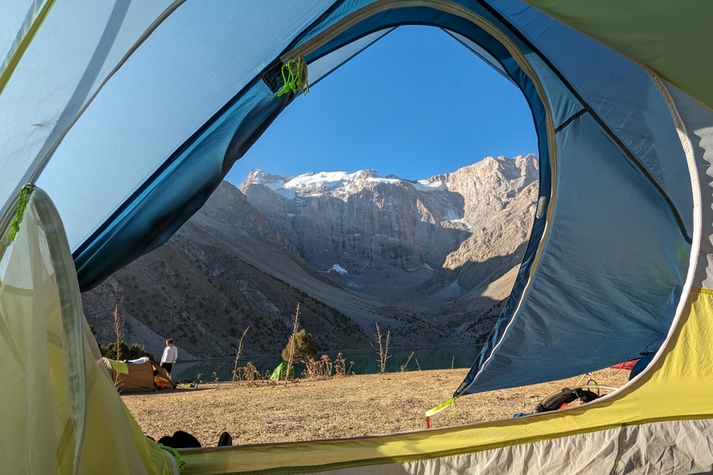 The view from my tent in the Fann Mountains