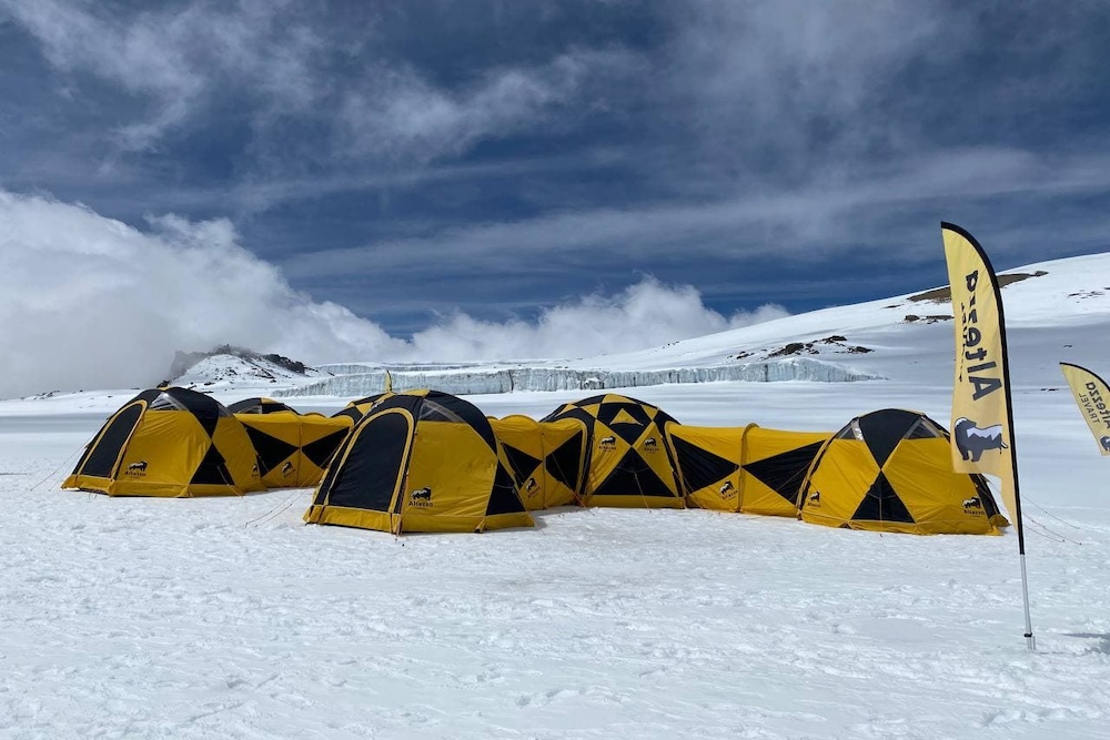 tents pitched on ice as part of the crater camping option on Kilimanjaro